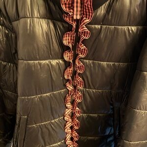 Black Puffer Jacket with Red Ruffle Trim and ice blue with pink trim